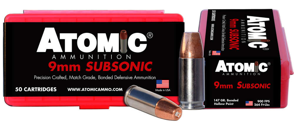 Ammunition Atomic Ammunition 264 ft lbs 9mm ATOMIC 00438 9MM         147 SUBSONIC HP     50/10 • Model: 264 ft lbs